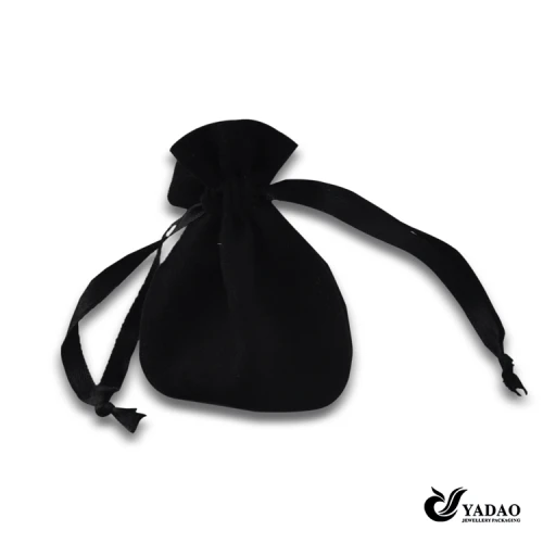 Noble small black soft velvet drawstring round jewelry pouch wholesale
