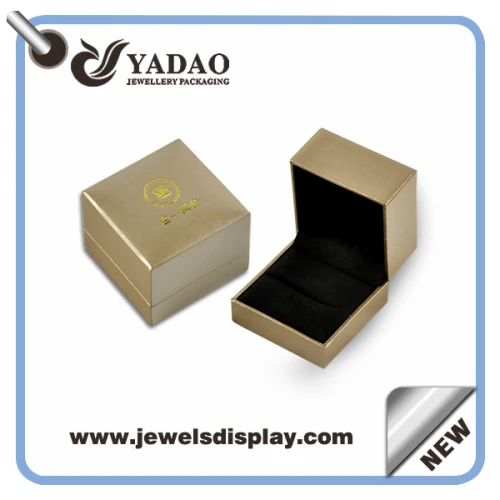 Wholesale custom plastic wrapped with leather with gold hot stamping logo and black velvet insert rose gold leatherette paper ring box