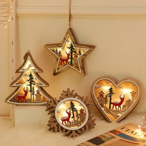 porcelana Snowflake heart pentastar tree shape bedroom Lamp lights Christmas led Wood tree for home decoration fabricante