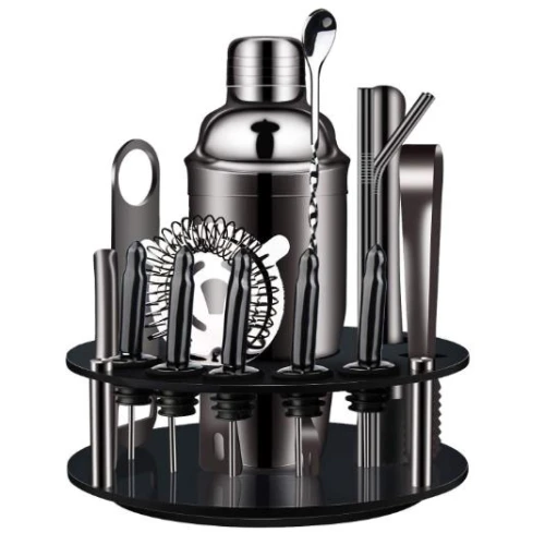 China Black Cocktail Shaker Set Stainless Steel Cocktail shaker set With Stand manufacturer