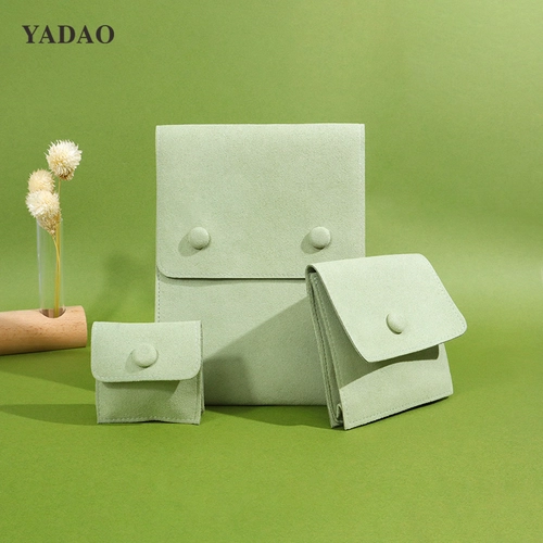 China fashion accessories light green microfiber jewelry packaging pouch bag button flap style custom any size color logo manufacturer