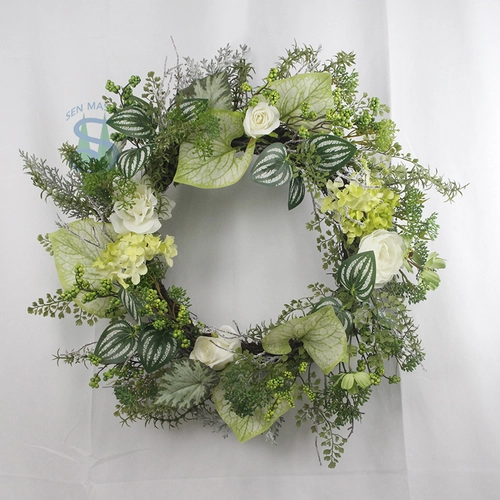 Senmasine 24 inch lente zomer krans voor muur voordeur hangende decoratie gemengde kunstmatige groene bladeren groen