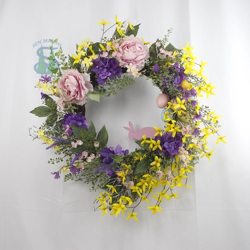Senmasine 24 inch paaslentekransen voor hangende decoratie aan de voordeur konijn plastic eieren kunstbloemen groene bladeren