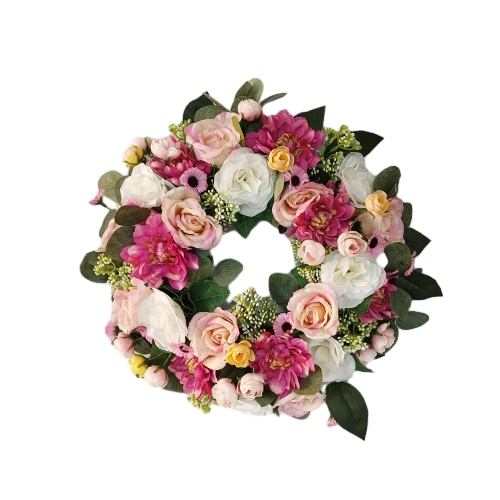 Corona de flores de primavera Senmasine, flores artificiales, peonía rosa, hojas verdes mixtas, lazos de cinta, decoración colgante para puerta delantera