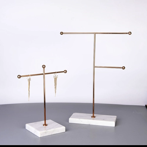 Soporte de exhibición de joyería único, soporte de metal en T, pendientes, anillo, collar, accesorios, base de mármol
