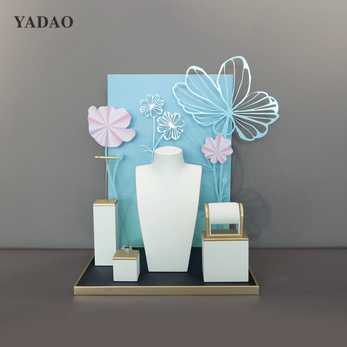 China bespoke window jewelry display jewelry store showcase jewelry display props pu leather stands display ring earring necklace manufacturer