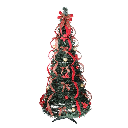 Árboles de Navidad artificiales preiluminados Senmasine de 6 pies, árbol de Navidad plegable emergente predecorado con luces y lazos de cinta roja