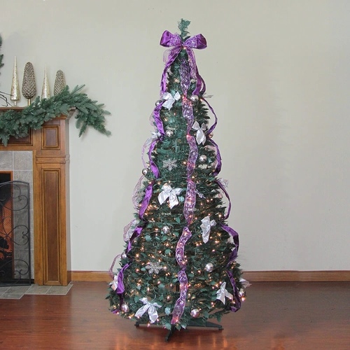 Senmasine Cinta morada preiluminada de 6 pies, lazos plateados, árbol de Navidad artificial predecorado con luces
