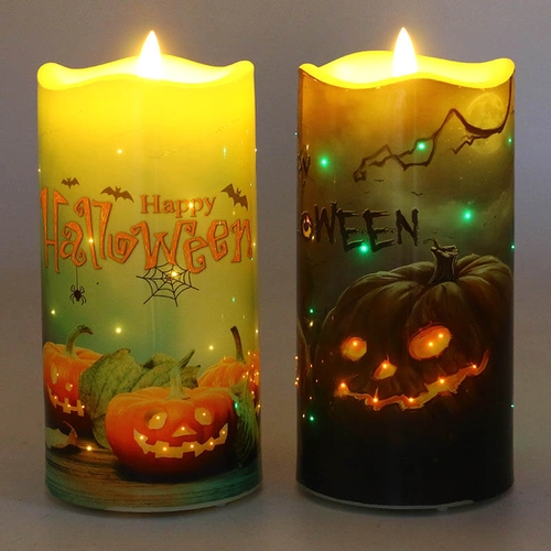 China Senmasine Vlamloze Led-kaars Afdrukken Halloween-pompoenpatroon fabrikant