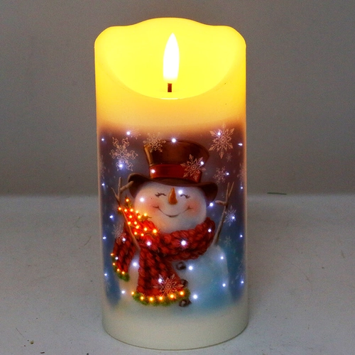 Velas parpadeantes de fibra óptica Senmasine de 7,5x15cm con estampado de árbol de Navidad y muñeco de nieve, vela Led de Navidad sin llama