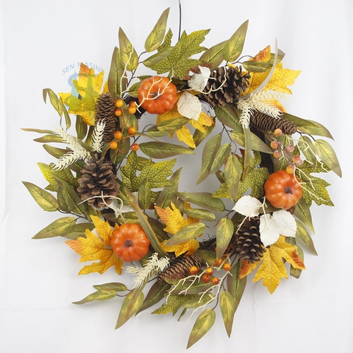 Senmasine – couronne de citrouille d'automne de 24 pouces, avec pomme de pin, feuilles d'érable artificielles, baies orange, décor de récolte d'automne