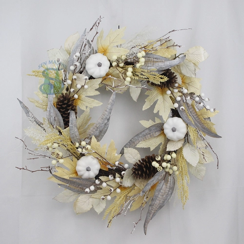 Senmasine – couronne de décorations d'automne de 24 pouces, avec feuilles d'érable artificielles, pomme de pin, baies blanches, branche de citrouille