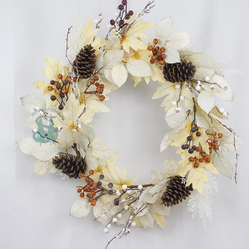 Senmasine couronne d'automne artificielle de 24 pouces pour le festival de la récolte d'automne décor suspendu branche de baies de pomme de pin mélangées