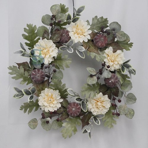 Senmasine Couronne de récolte d'automne de citrouille de 24 pouces avec des pommes de pin de citrouille, des baies, des fleurs de pivoine artificielles, des feuilles d'eucalyptus