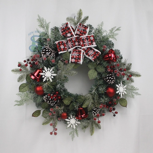 China Senmasine 24inch luxury christmas wreath with pinecones red berries bells ball checkered bow pine needle manufacturer