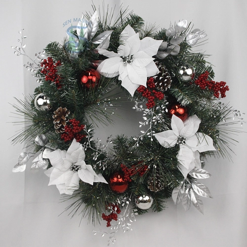 China Senmasine 24inch Christmas wreath with red berries white poinsettia pinecones sliver leaf pvc mixed pine needle branch manufacturer
