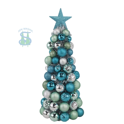 Senmasine 47cm ball conetrees with Topper Star blue green sliver baubles tinsel Christmas desktop indoor decoration