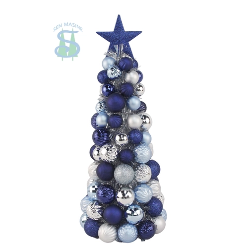 Senmasine 47cm ball Cone Trees with Topper Star tinsel sliver blue plastic baubles desktop Christmas decorative