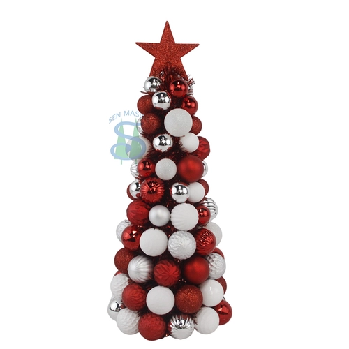 Senmasine 47cm ball baubles conetree with Topper Star sliver white red ornaments tinsel desktop xmas decoration