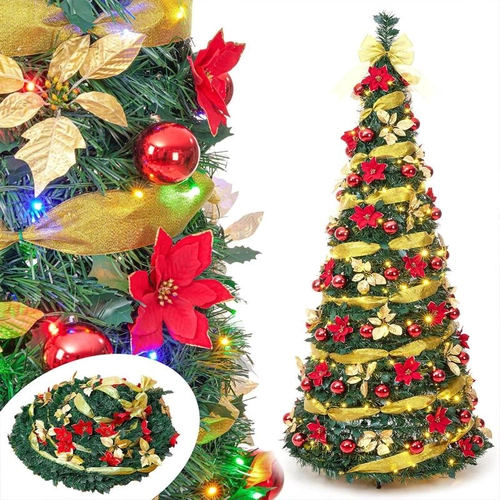 Árbol de Navidad emergente para decoración navideña Luces LED coloridas Tirate de oropel prepilado pre iluminado árbol de Navidad plegable
