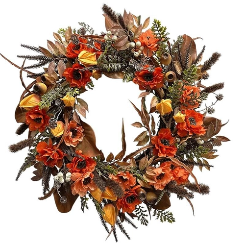 China Senmasine 24 inch kunstmatige papaverbloem herfstkrans voor voordeur hangend herfstoogstdecor fabrikant