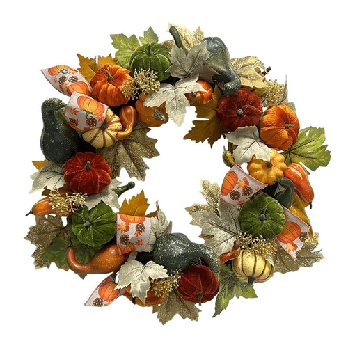 China Senmasine 22 inch herfst Thanksgiving pompoenkrans met kunstmatige bladeren fluwelen pompoenen lint strikken herfst oogst decor fabrikant