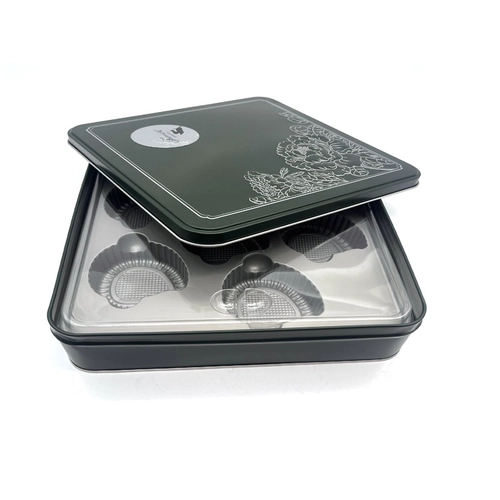 Benutzerdefinierte gedruckte quadratische Mooncake Festival Blechpaket Box Cookie Schokoladen Geschenkmetallkanister mit Plastikeinsatz
