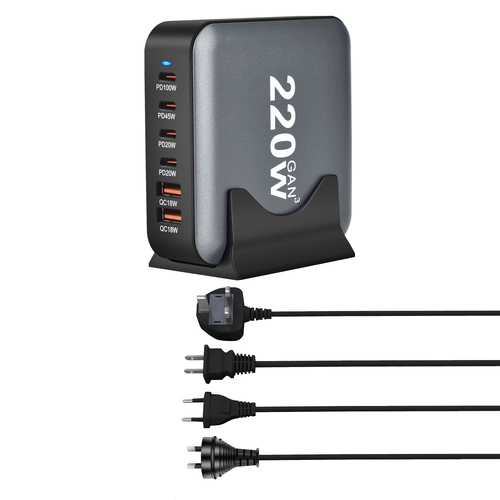 220W Gan USB -Ladestation mit 4C2A -Anschlüssen - schnelles Ladedesktop -Ladegerät mit u Stand