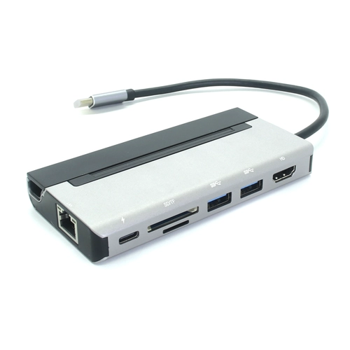 带 PD 充电功能的 Type-C 扩展坞，配备 2 个 USB 3.0 接口、SD/TF 卡槽、RJ45 网口及 HDMI 接口 | 多端口 USB-C 集线器