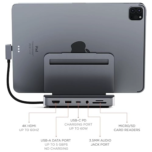 Estación de acoplamiento del concentrador USB-C con soporte de aluminio para iPad Pro | 6 en 1 iPad Pro USB-C HUB con 4K HDMI, carga PD, USB-A, audio y lector de tarjetas SD