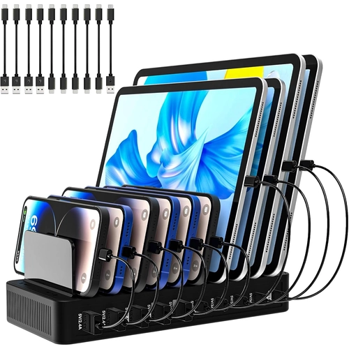 100W 10 端口充电站底座，带可调节分配器 - 适用于手机、平板电脑的多 USB Type-C 充电器
