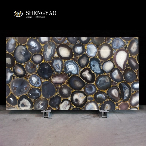 Grandi lastre di pietra di agata grigio/marrone massiccio con lamina d'oro, fabbrica di lastre di agata Cina