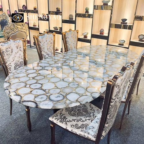 轻奢白玛瑙宝石餐桌，半宝石家具工厂