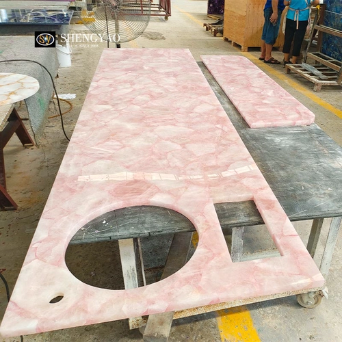 Bancada de cozinha natural personalizada de quartzo rosa, bancadas de pedras preciosas de cristal rosa