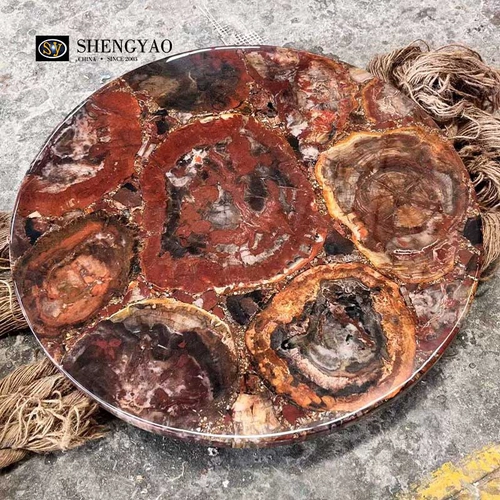 棕色圆形木化石台面，定制木化石半宝石台面