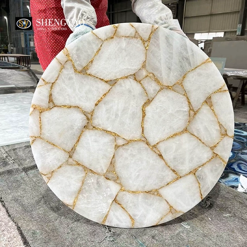 Dessus de Table rond en cristal blanc à surface solide avec feuille d'or