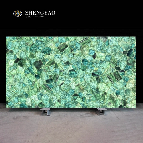 Dalle de fluorite de cristal vert rétroéclairée, fabricant de dalles de pierres précieuses de quartz translucides Chine
