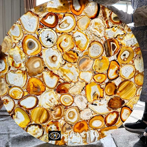 Trung Quốc Backlit Brown Agate Stone Table Top, Đá quý mờ tròn mặt bàn nhà chế tạo