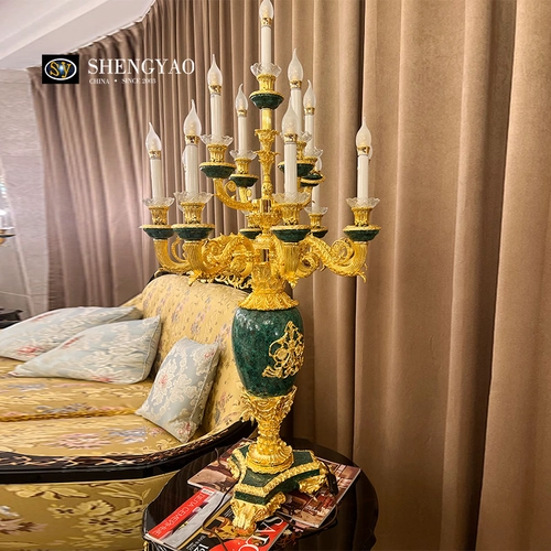 Bougeoir incrusté de malachite et de laiton | Artisanat en pierre semi-précieuse de luxe