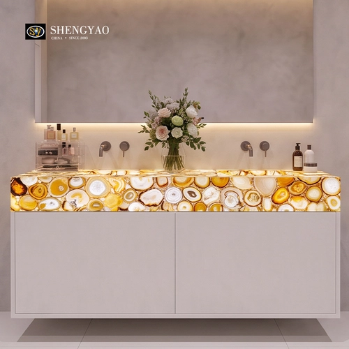 Lavabo doble retroiluminado de ágata amarilla, encimera de tocador de piedra semipreciosa