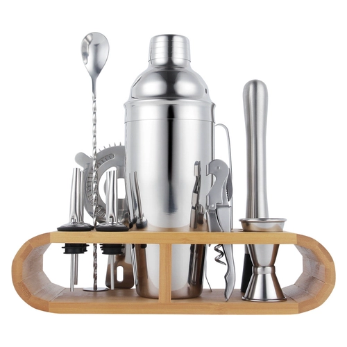 China Stainless Steel Cocktail Shaker Set with Bamboo Stand manufacturer