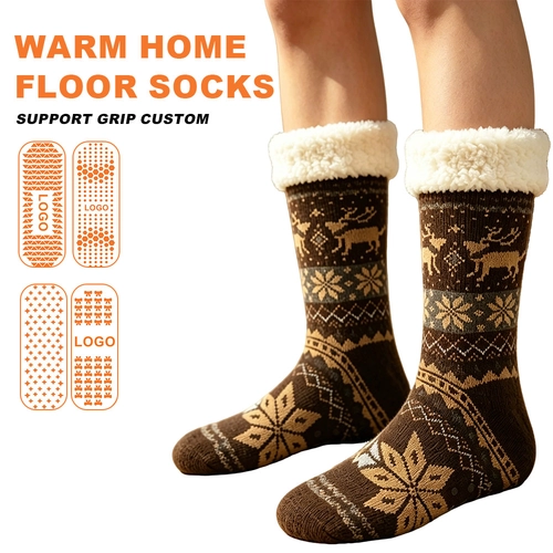 Hoge kwaliteit op maat gemaakte grappige gebreide vloersok dikke warme fleece sherpa kerst volwassen antislip pantoffelsok