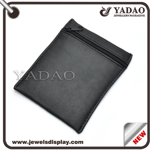 Black leather custom size simple jewelry pouch with zipper for storage