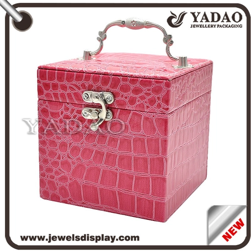 Cina fabbrica di cassa dei monili MDF Archivio avvolto con il colore rosa pelle PU esterno e interno in velluto per gioielleria imballaggio e bomboniere scatola di imballaggio di gioielli