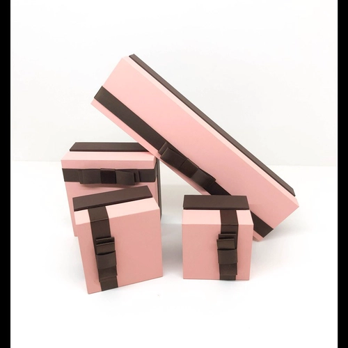 China Custom Logo Luxury Pink Necklace Bracelet Ring Box Jewelry Packaging Box with Bow Ribbon manufacturer
