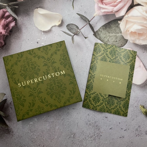 Full set of green paper box packaging with texture for luxury ring jewelry with diamonds