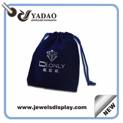 Azul oscuro de terciopelo joyería bolsas de bolsa de alta calidad con cordón azul para el embalaje de la joyería