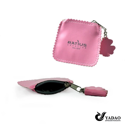 Hot selling pink leather pouch for jewelry package with zipper and logo made in China
