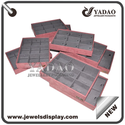 Nice durable equisite luxury good  price designable grey and peach color velvet leather linen customizable ring pendant earring display trays