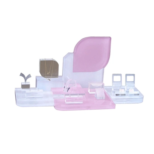Popular beautiful pink leave shape transparent beautiful acrylic display set for showcase to display earring necklace ring